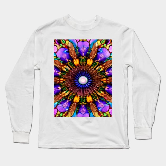 Crystalline Stained Glass Flower Mandala Long Sleeve T-Shirt by Chance Two Designs